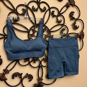 Two-piece slate blue workout short/top set